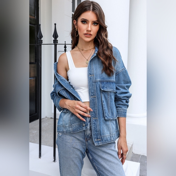 SALE 20% OFF Women's Button Up Dropped Shoulder Denim Jacket with Pockets - Picture 4 of 5